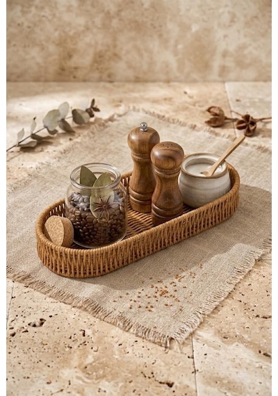 Rattan Oval Ekmek Sepeti 14x34x4.5 Cm - El Örmesi Hasır Baharatlık Ve Mutfak Organizeri Kahverengi