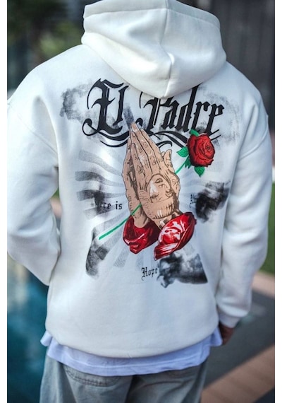 Üç İplik Penye Kapşonlu Baskılı Sweatshirt - Beyaz -