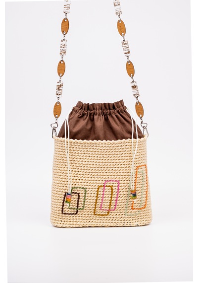 Fabric Craft Bag Örgü Omuz Çantası Metal Zincir Askılı Astarlı Boho Bej - Sütlü Kahve