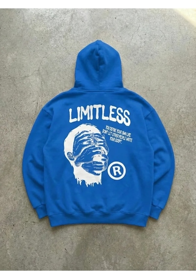 Veraura Lifestyle Erkek Premium Baskılı Kapşonlu Sweatshirt Üç İplik İçi Pamuklu Kanguru Cepli - Saks Mavisi Saks Mavi