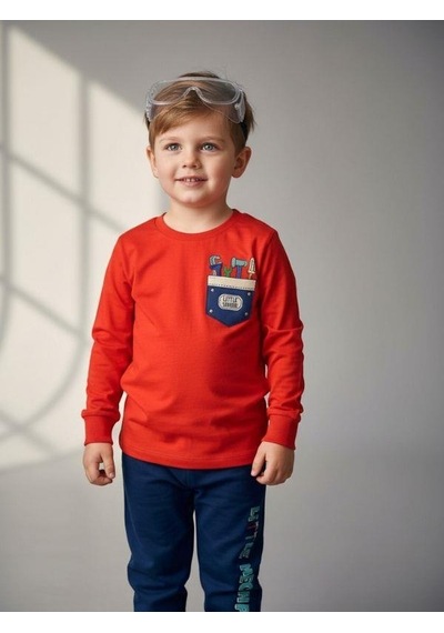 Zekids Erkek Çocuk Pamuklu Baskılı Uzun Kollu Pijama Takımı-16839 Nar
