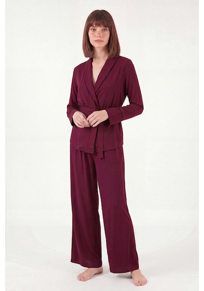 Lela Yumuşak Dokulu Dökümlü Geniş Paça Kruvaze Pijama Takımı Bayan Pijama Takımı 611pt1990 Bordo-siyah
