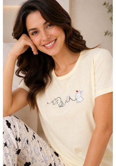 Wordex Mirano 4103 Tavşanlı Kalpli Kısa Kollu Pamuklu Kadın Pijama Takımı Sarı