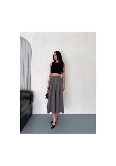 Winmoda34 Kadın Dabıl Kumaş Pileli 86 Cm Tam Boy Uzun Etek Füme