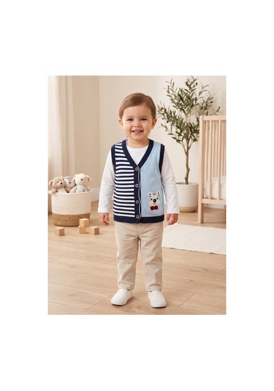 Deniva Kids Unisex Bebek & Çocuk Çizgili Ayıcık Nakışlı Düğmeli Triko Yelek Süveter Beyaz