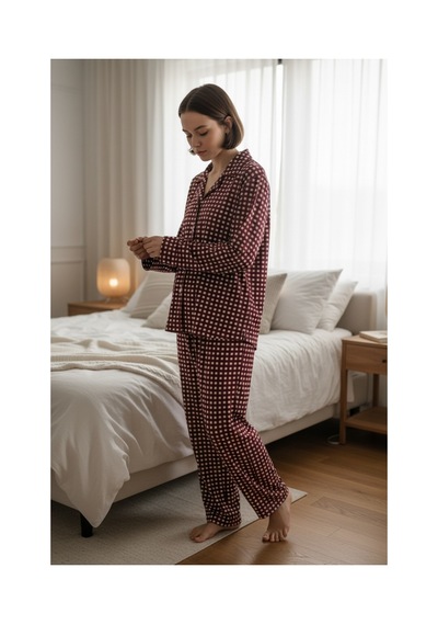 Feg Store Kadın Bordo Pötikare Desenli Süet Dokulu Yumuşak Kışlık Pijama Takımı