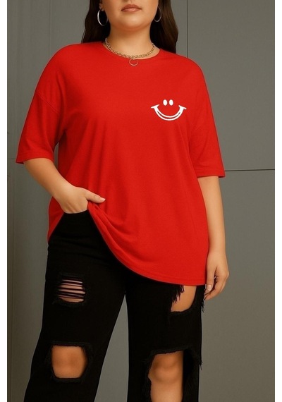 Büyük Beden Gülücük Baskılı Unisex Tişört Kırmızı