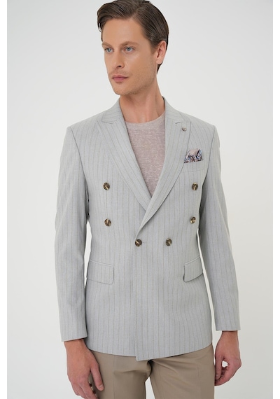Efor Slim Fit Çift Yırtmaç Çizgili Kruvaze Casual Gri Ceket C 704 Gri