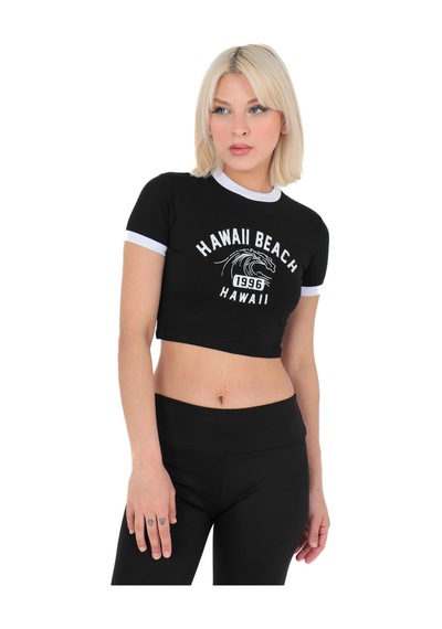 Sortie Collection Bisiklet Yaka Önü Baskılı Pamuklu Crop Tişört Siyah