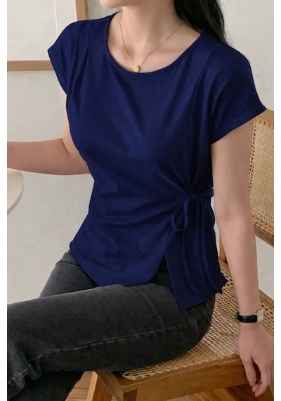 Cool Tarz Kadın Yan Bağlama Detaylı Tişört Günlük Şık, Rahat Kesim, Modern Basic Bluz Lacivert