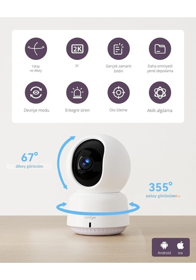 Comfyer 2k Wifi Bebek Kamerası, 360 Döner Kamera, Gece Görüş, Hareket Takibi, Lullaby Telsiz Telefonlar