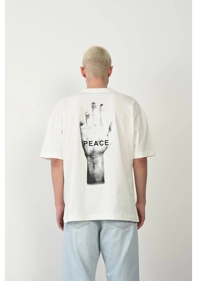 Erkek Baskılı T-shirt Kısa Kol Bisiklet Yaka Rahat Kalıp Tişört - Beyaz Beyaz