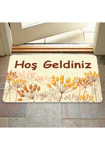 Dijital Baskılı Hoş Geldiniz Yazılır Desenli Dekoratif Dış Kapı Önü Ve Iç Mekan Paspası Yıkanabilir Bej