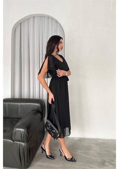 Dipmoda Kadın Kuşaklı Midi Boy Şifon Elbise Dpnbk4116 Siyah