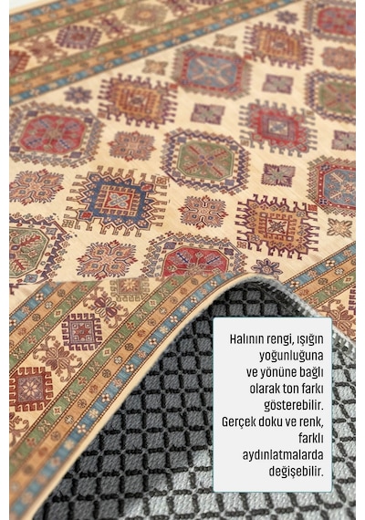 Otantik Geometrik Desenli Saçaklı Yolluk Halı Krem Turkuaz 3057 Yeşil