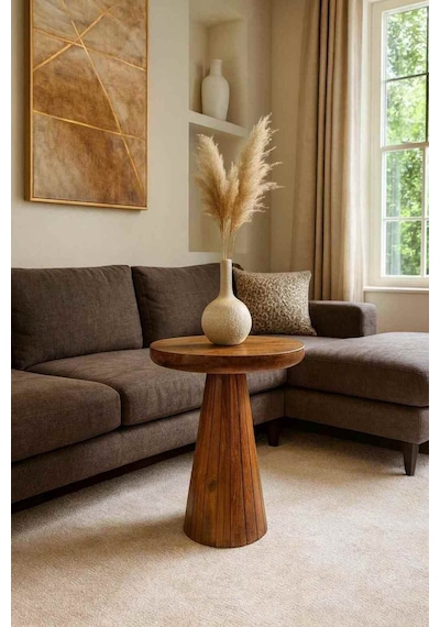 Masif Ahşap El Yapımı Tekli Sehpa Doğal Mantar Form - Meşe Renk - Coffee Table Meşe
