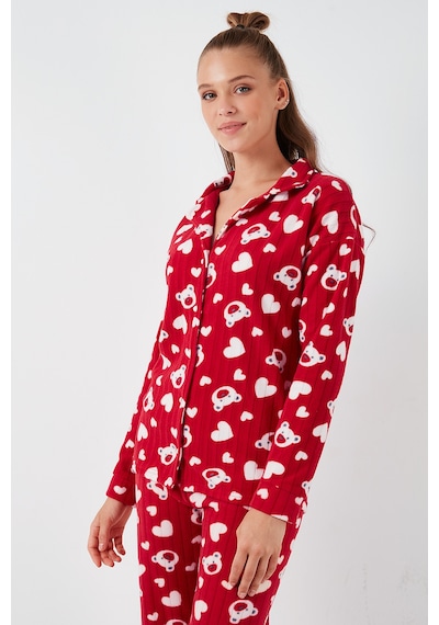 Lela Standart Fit Düğmeli Polarlı Bayan Pijama Takımı 6095617 Kırmızı