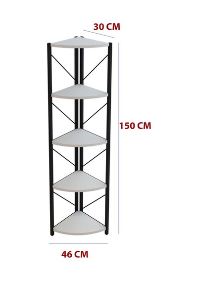 Datça 5 Raflı Metal Köşe Kitaplık Rafı Dekoratif Aksesuar Rafı Beyaz Beyaz