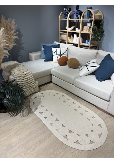 Mavaux Krem Jüt Hasırlı El Örgüsü Kilim Beyaz