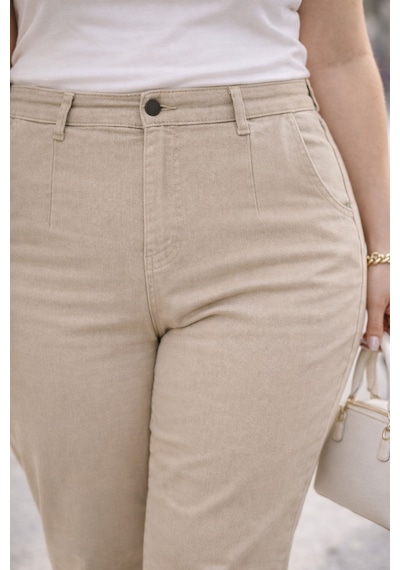 Cedy Denim Mom Fit Jean Büyük Beden Yüksek Bel Carrot Kesim Dar Paça Pileli Esnek Kot Pantolon C600 Bej