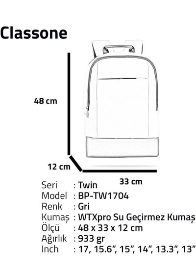 Classone BP-TW1704 TwinColor 17" Laptop Notebook Sırt Çantası