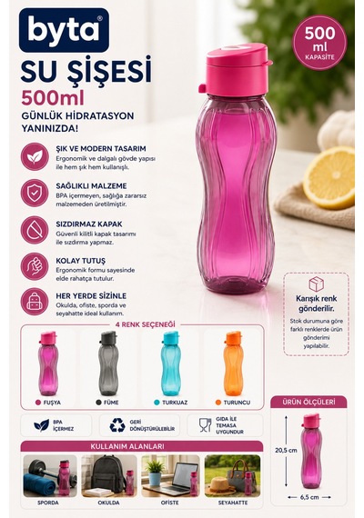 500 Ml Sızdırmaz Su Şişesi Matara Bpa İçermez Ergonomik Tasarım Okul Spor Seyahat Karışık Renk Gönderilir Pembe