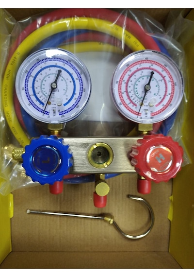 İkili Manifold Gaz Saati R22 R32 R134 R410 + 3 Adet 90Cm Hortum