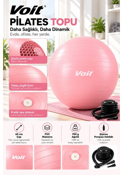 65 cm Pilates Topu Pompa Dahil Fitness ve Denge Egzersiz Topu Pembe