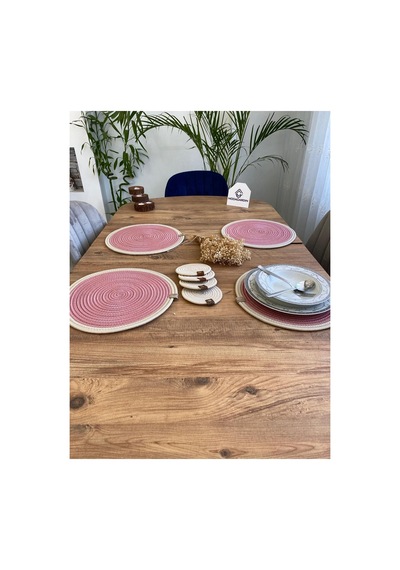 Jüt Hasır Amerikan Servis Supla Ve Bardak Altı 8 Parça Pembe Krem Pembe Krem