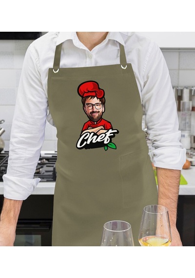 Bk Gift Kişiye Özel Erkek Chef Karikatürlü Profesyonel Haki Yeşil Mutfak Önlüğü, Aşçı Önlüğü, Şef Önlüğü, Arkadaşa -2 Bej