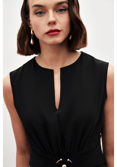 Sateen Toka Detaylı Kolsuz Bluz - Siyah Siyah