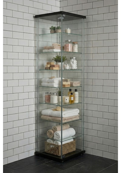Cam Raflı Kapaklı Düzenleyici Banyo Dolabı Çok Amaçlı Lavabo Malzeme Dolap Havluluk Organizer Siyah 7 Raf