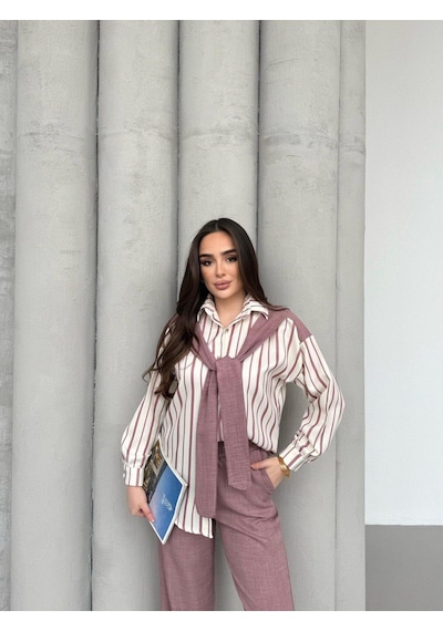 Kadın Sofya Keten 2 Li Alt Üst Takım Pembe