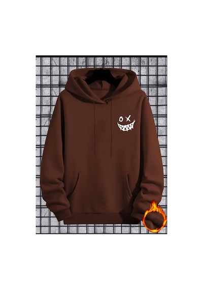Medinenur Gülümseyen Yüz Baskılı Kapüşonlu Sweatshirt Kahverengi