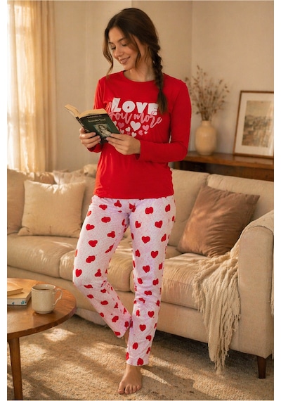 Rindahomewear Kadın Love Baskılı Süprem Uzun Kol Pijama Takımı Kırmızı