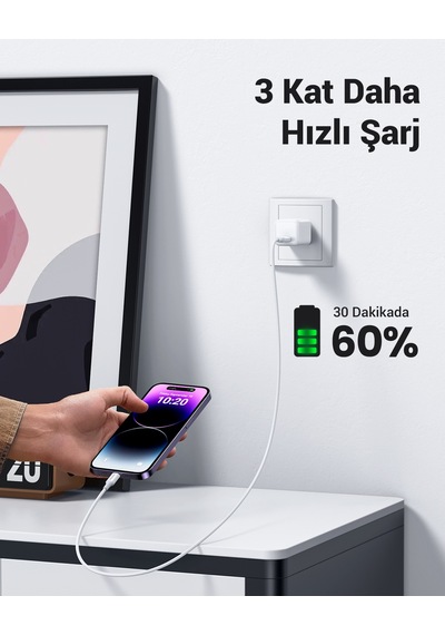 Ugreen Usb-c - Lightning 3a Pd Mfi Sertifikalı Hızlı Şarj Kablosu, 2 M, Beyaz, 60749 2 Metre