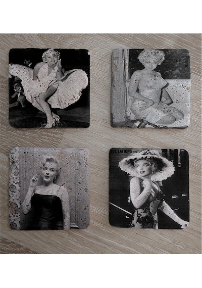 Siyah Beyaz Marilyn Monroe Fotoğrafları Doğal Taş Bardak Altlığı 4'lü Set - Natural Stone Coasters - Taş Beyaz - Siyah