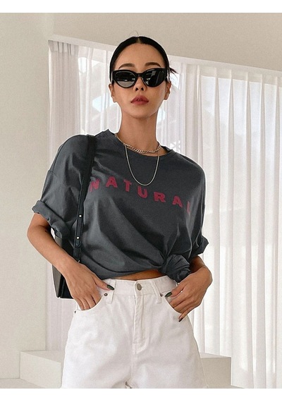 Füme Oversize Natural T-shirt - Oversize Baskılı Füme