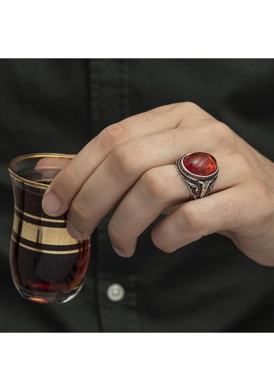 Oval Sentetik Kehribar Taşlı 925 Gümüş Erkek Yüzük