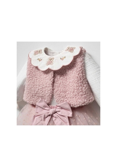 Ministok Lily Pink Yakası Nakış Detaylı Gömlek Şort Yelekten Oluşan 3'lü K Pembe