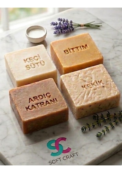 El Yapımı % 100 Doğal Keçi Sütlü Ardıç Katranı Bıttım Kekik Sabunları Cilt Temizleme Seti