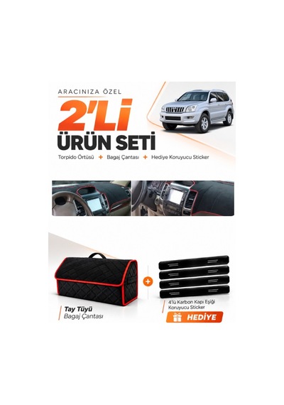 E-biz Toyota Land Cruıser Prado 2002-2009 Uyumlu Torpido + Tay Tüyü Çanta - Siyah-kırmızı - To020