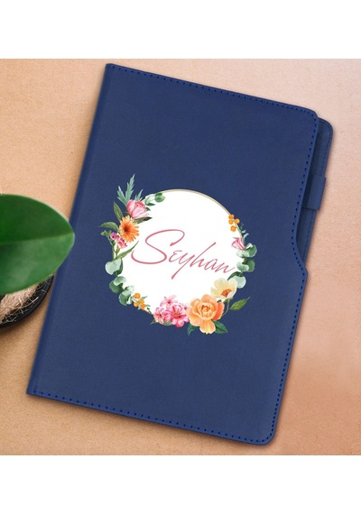 Bk Gift Kişiye Özel Çiçek Tasarımlı Lacivert Termo Deri Not Defteri 15x21cm-10