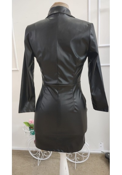 Bhrwear Kadın Uzun Kollu Kruvaze Yakalı Kısa Deri Elbise Renkli