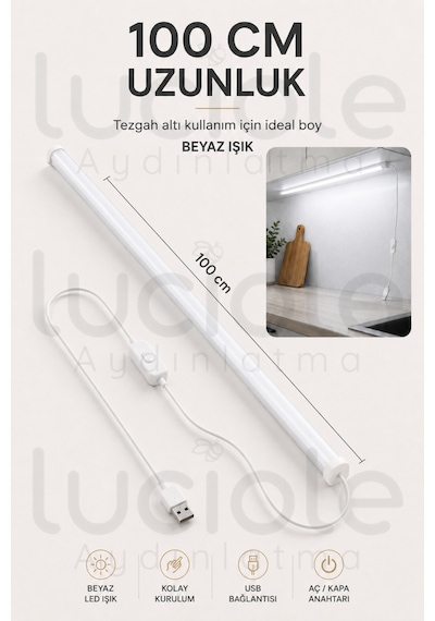 Usb Dolap Altı Led Aydınlatma 100 Cm Beyaz Işık Anahtarlı Yapışkanlı Mutfak Raf Lambası