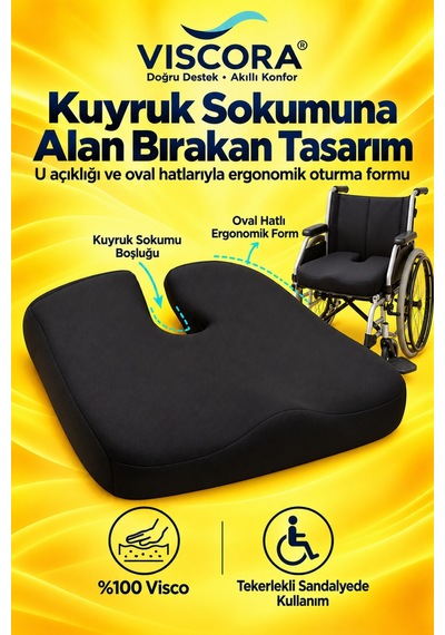 Tekerlekli Sandalye Minderi Visco U Şekilli Kuyruk Sokumu Destekli Kaymaz Oturma Minderi Siyah