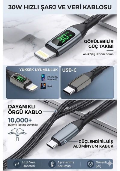 30w Pd Watt Göstergeli Type-c To Lightning Hasır Şarj Ve Data Aktarım Kablosu 1 Metre Mt2216