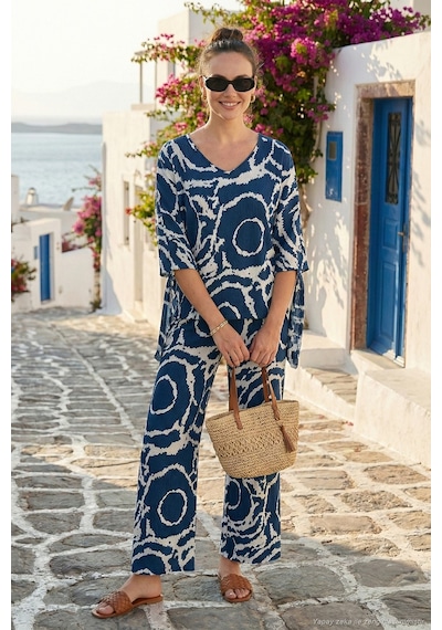 Lela Desenli Regular Fit Truvakar Kol V Yaka Alt-Üst Bayan Takım 5865357 Lacivert