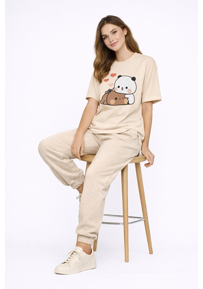 Sevimli Panda Baskılı Sevgili Kombini Çift Tişört Oversize Unisex Bej