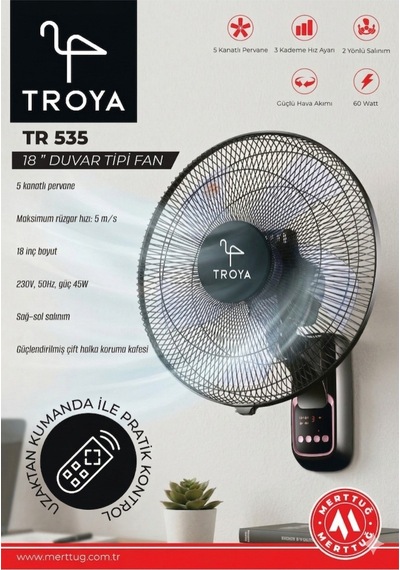 Troya 524 Duvar Tipi 18 İnç Uzaktan Kumandalı Vantilatör